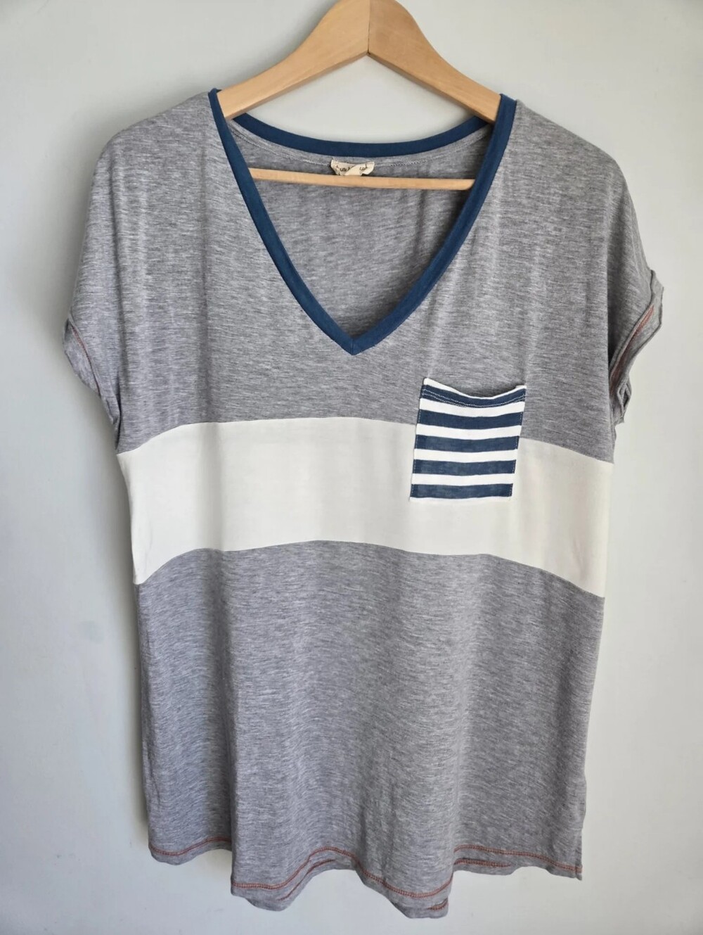 HEM & THREAD Gray & White V-Neck Stripe Pocket Women’s Rayon Blend Top